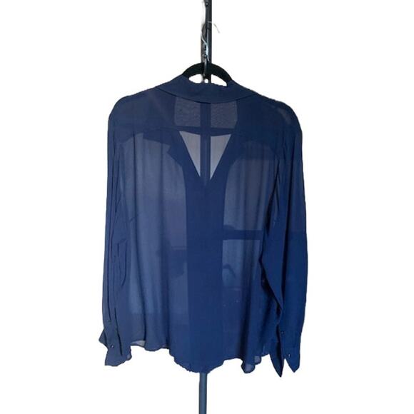 Lauren Ralph Lauren-Sheer Button Down-Blouse Long Sleeve-100% Silk-Navy-Women-6W - Picture 2 of 4